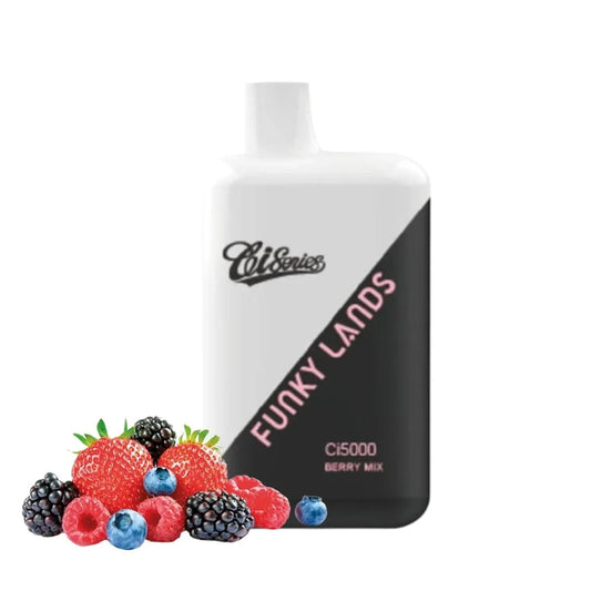 Vape of Funky Lands berry mix, surrounded by strawberries, blueberries, and blackberries on a white background.