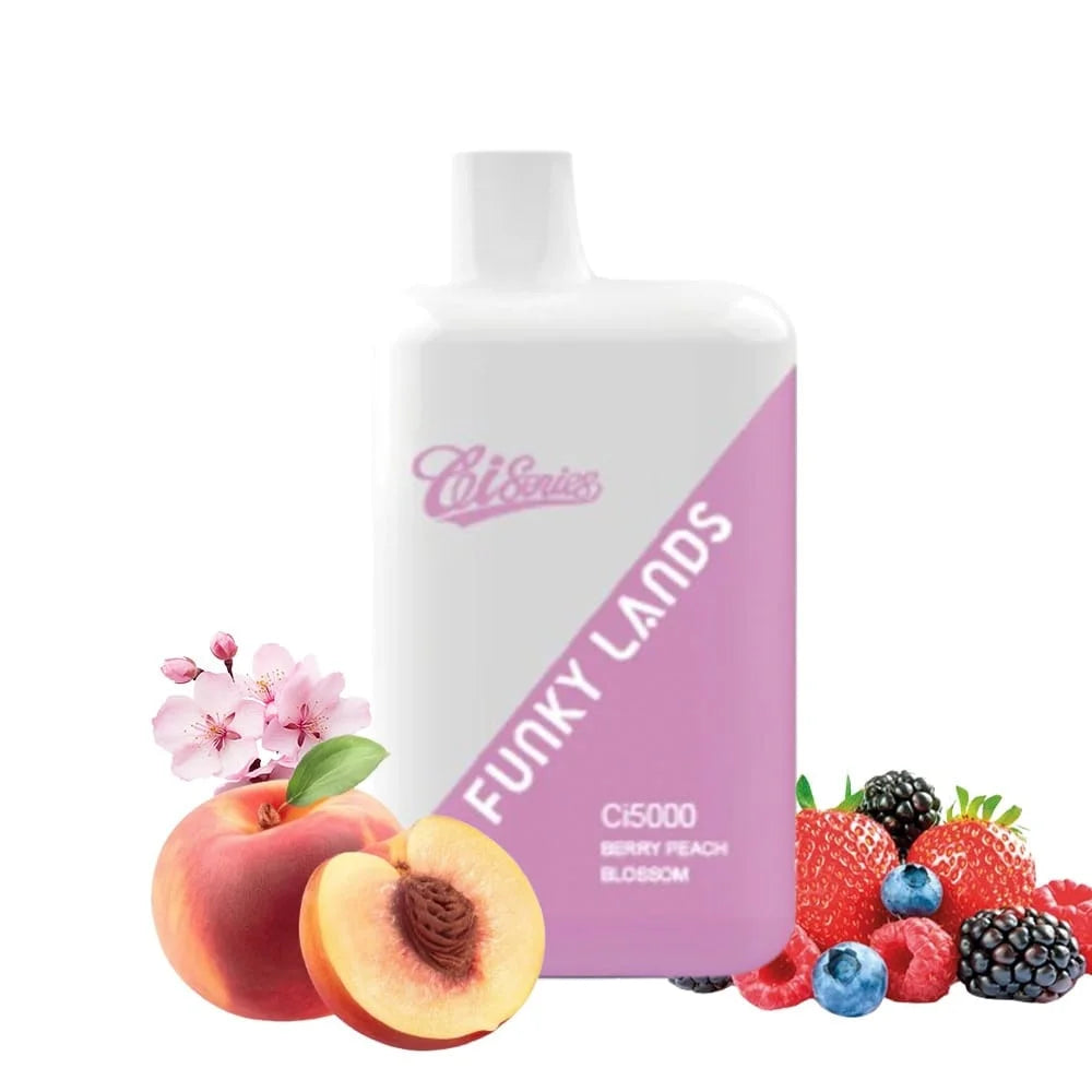 disposable vape of 'Funky Lands' with peaches and berries on a white background
