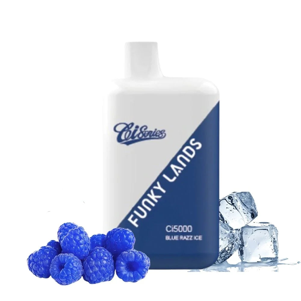 Disposable vape of 'Funky Lands' with blue raspberries and ice cubes on a white background