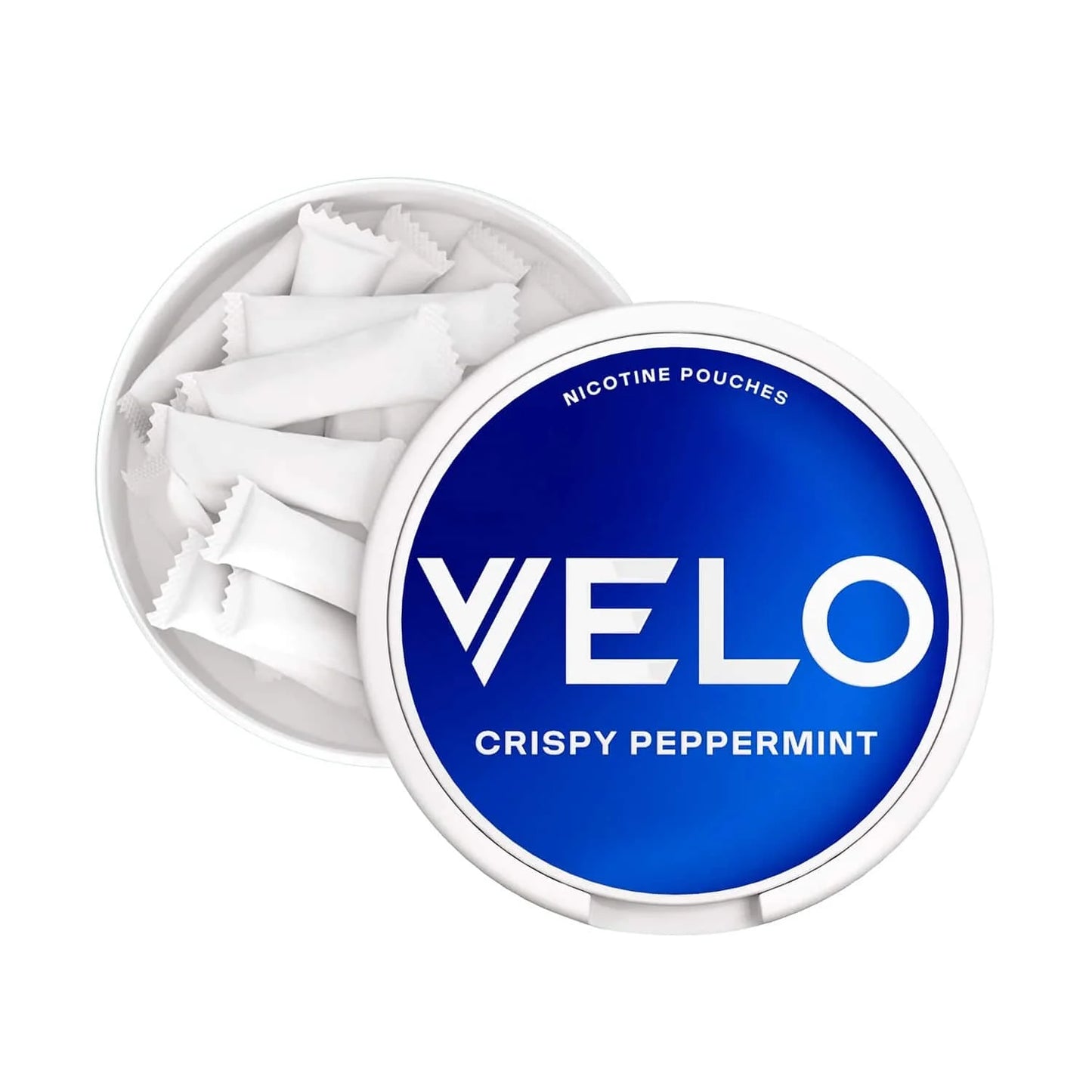 VELO Crispy Peppermint nicotine pouches in a container on a white background