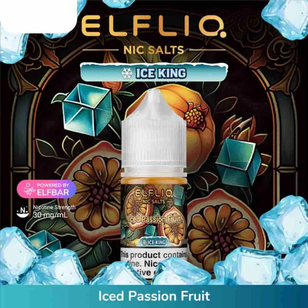 Elfliq Ice King Iced Passion Fruit vape juice packaging with decorative background and ice cubes.
