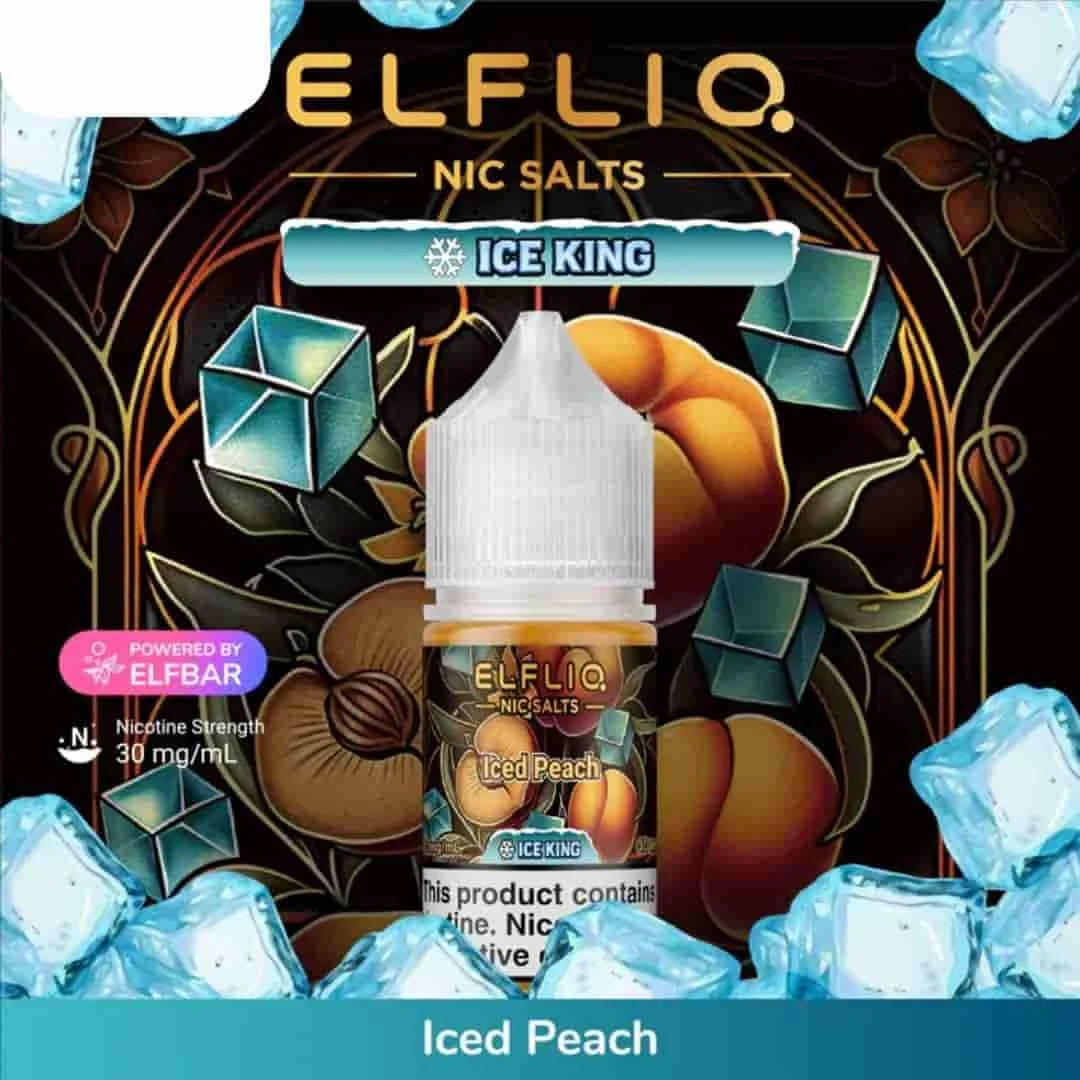 Elfliq Nic Salts Ice King Iced Peach flavor packaging with ice cubes and decorative elements.