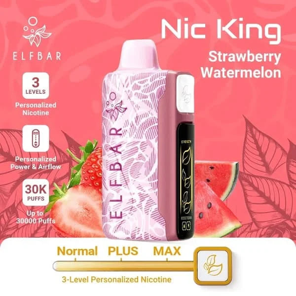 Elf Bar nic king vape device with strawberry watermelon flavor on a pink background