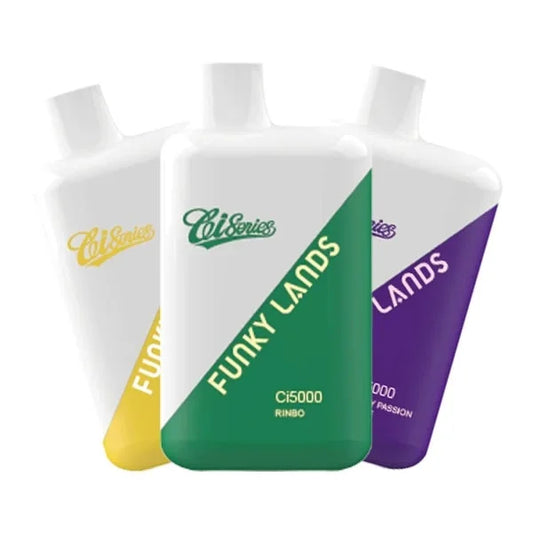 Three colorful disposable vapes with 'Funky Lands' branding on a white background