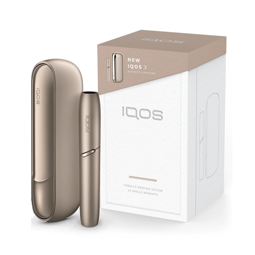 IQOS 3 heating system device and packaging on a white background