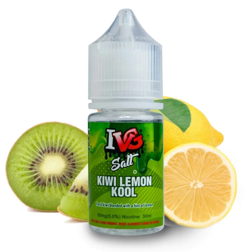 Bottle of IVG Salt Kiwi Lemon Kool e-liquid with a sliced kiwi and lemon on a white background