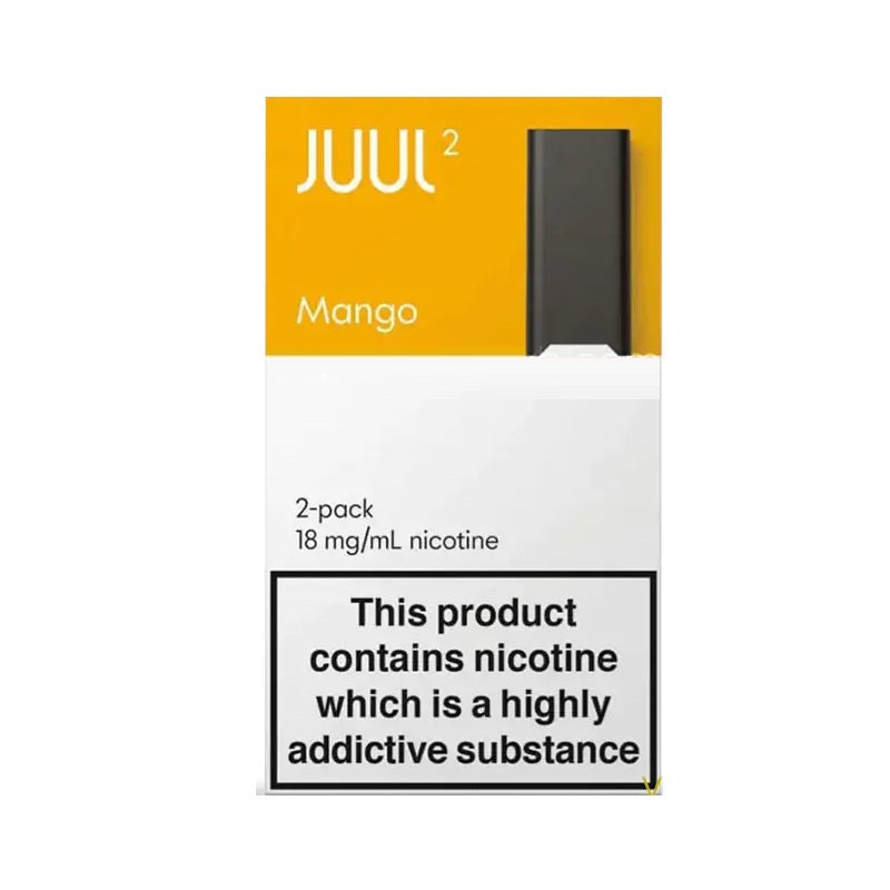 Juul2 Mango vape device packaging with nicotine warning label on a white background