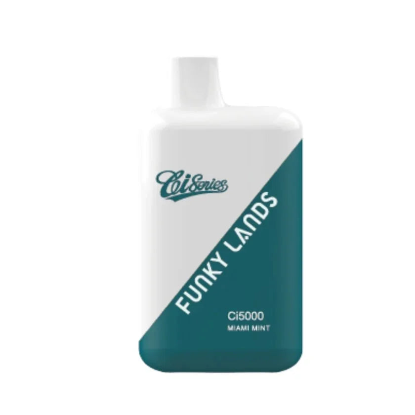 disposable vape device of miami mint flavour with 'Funky Lands' branding on a white background
