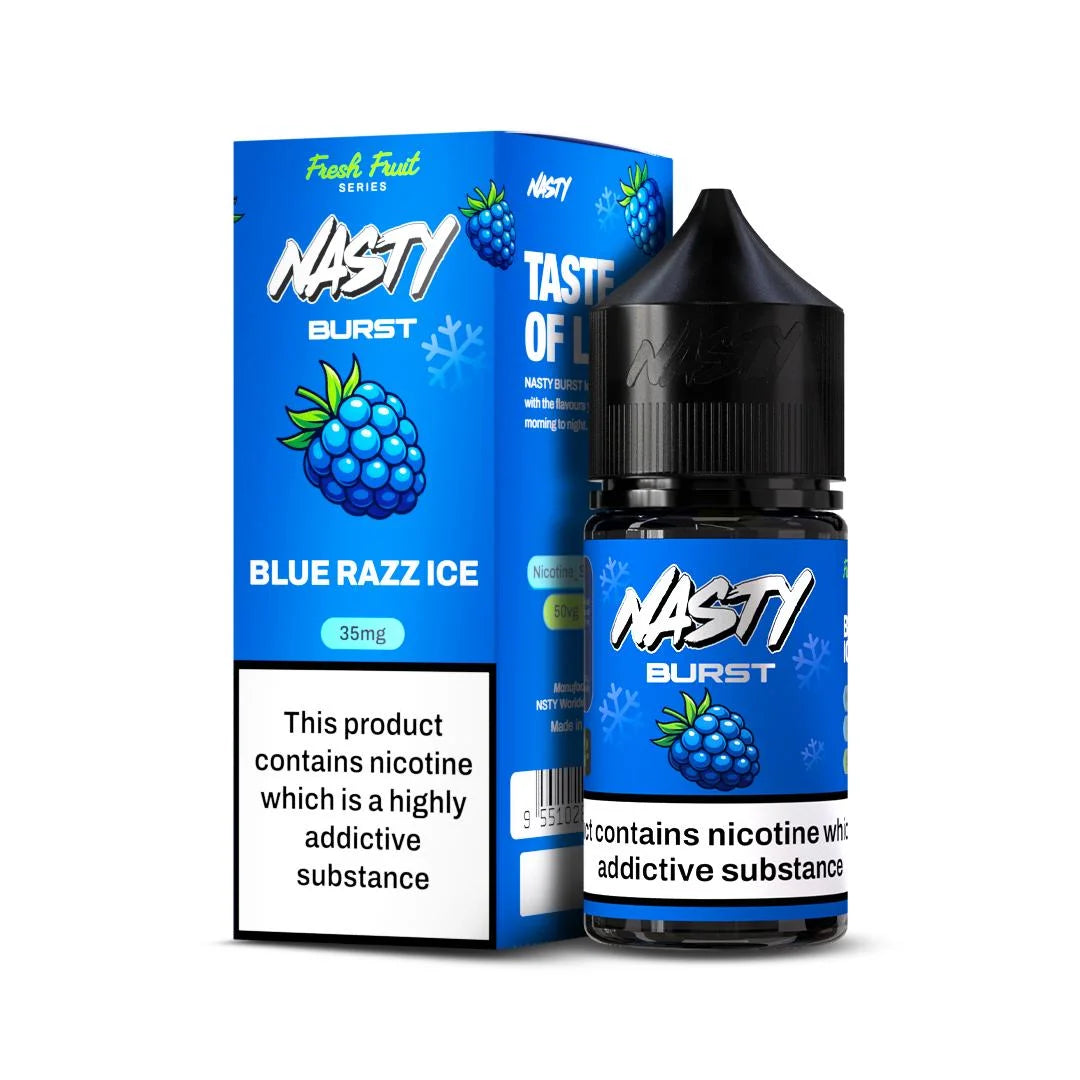 Nasty burst Blue Razz Ice vape juice bottle and packaging on a white background