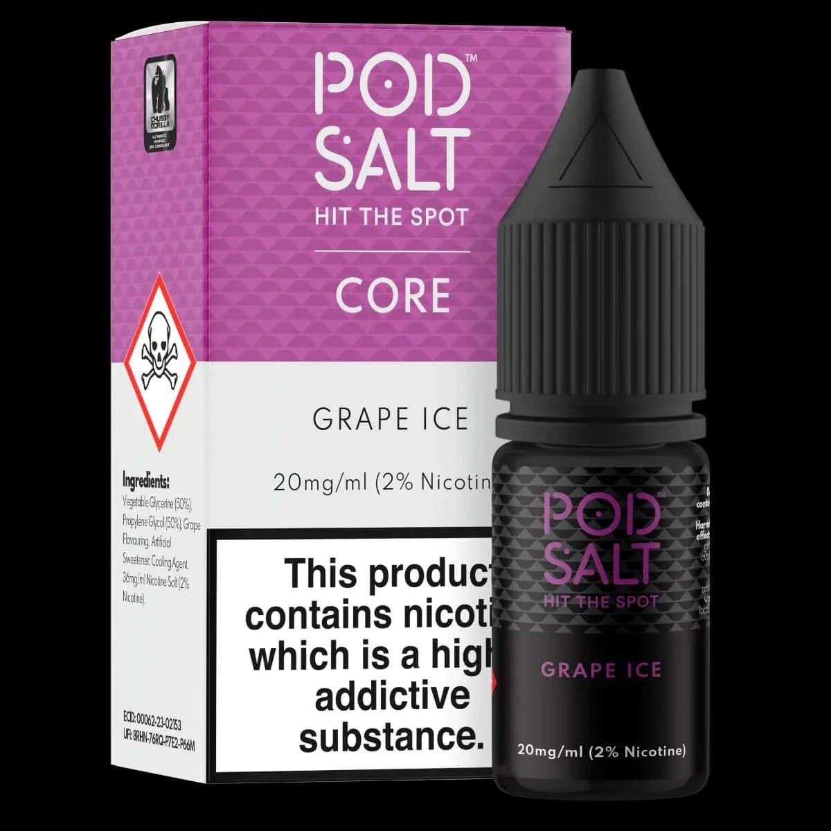 Pod Salt Grape Ice nic salt bottle and packaging on a black background