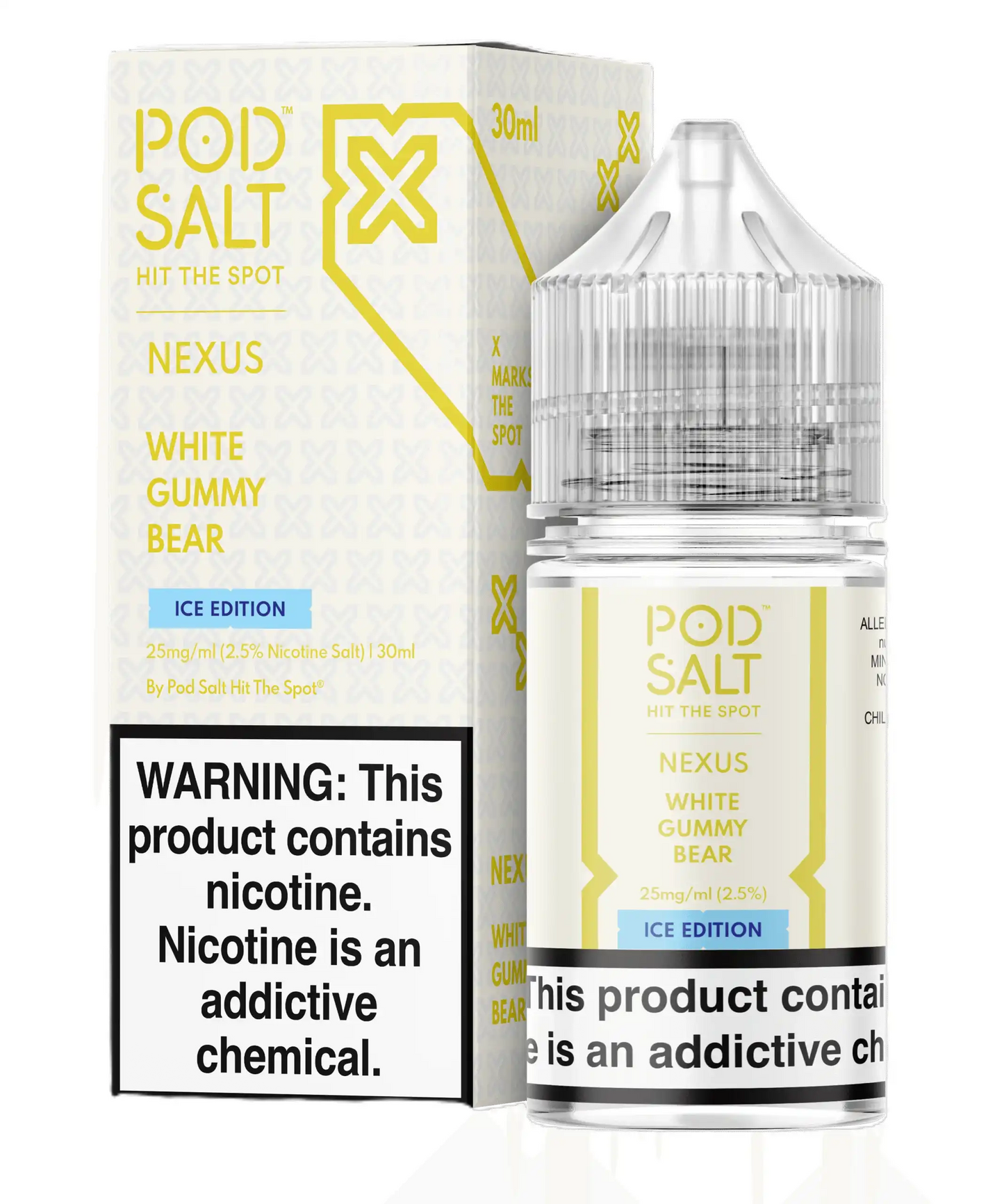 Pod Salt Nexus White Gummy Bear ice edition vape juice packaging with warning label.