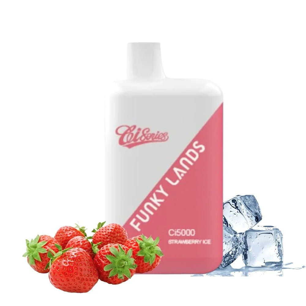 Disposable vape device with 'Funky Lands' branding, strawberries, and ice cubes on a white background