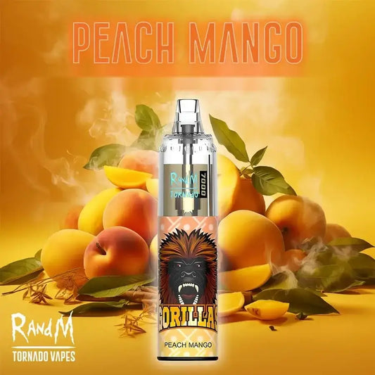 A clear disposable vape device labeled 'Peach Mango' by RandM Tornado Vapes 7000, featuring a gorilla graphic, set against a vibrant peach and yellow background with floating peaches and leaves.
