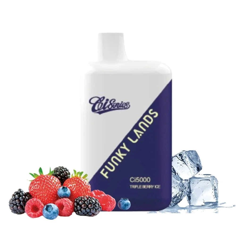 Disposable vape of Funky Lands C15000 Triple Berry Ice with berries and ice cubes on a white background