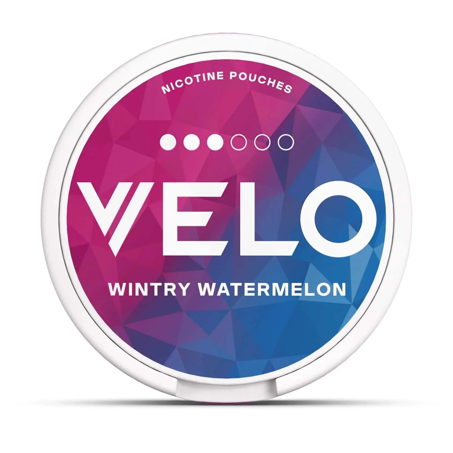 Velo nicotine pouch container with colorful design on a white background
