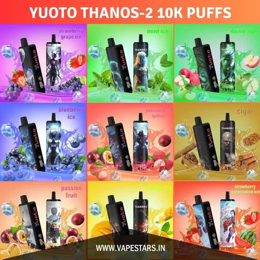 Promotional image of Yuoto Thanos-2 vape devices with various flavors displayed.