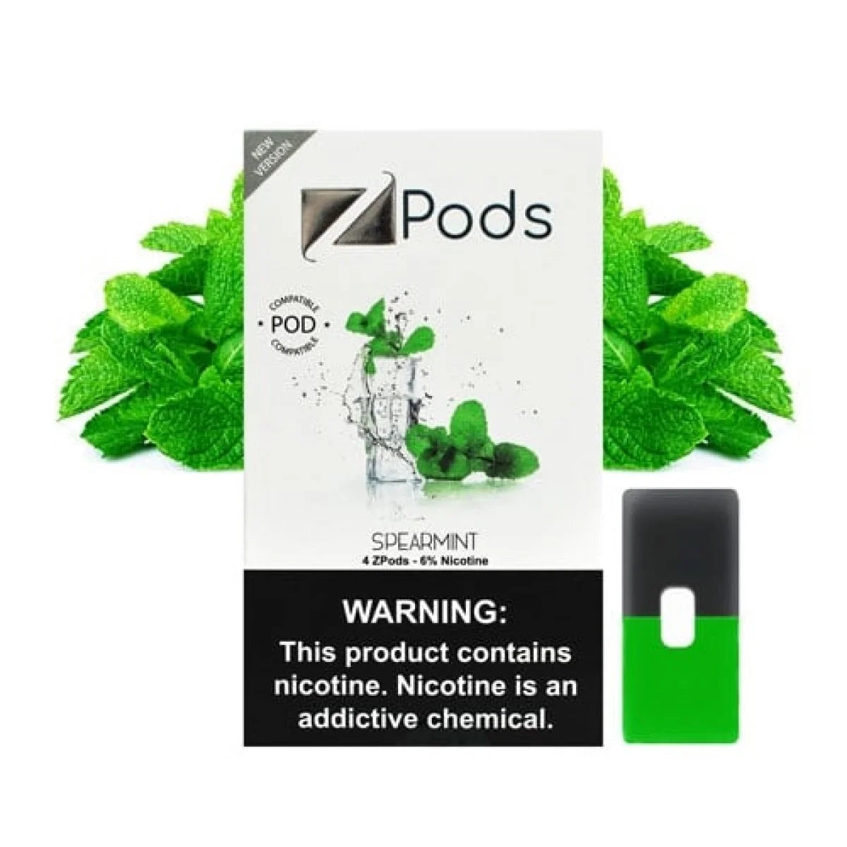 Z Pods spearmint nicotine pod packaging with mint leaves on a white background