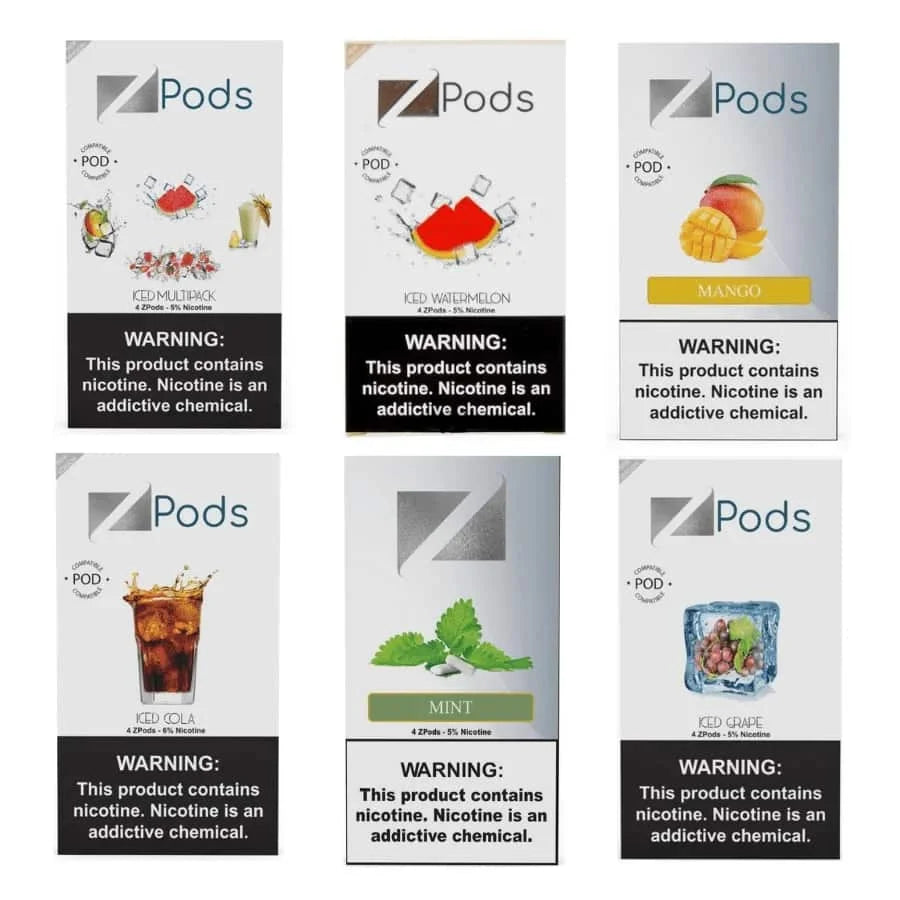 Six boxes of Z Pods with different flavors and a nicotine warning label.