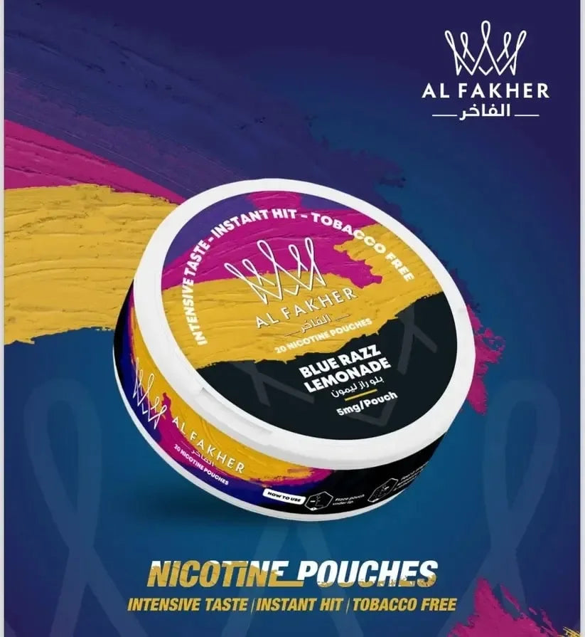 Al Fakher nicotine pouches container with colorful design on a blue background