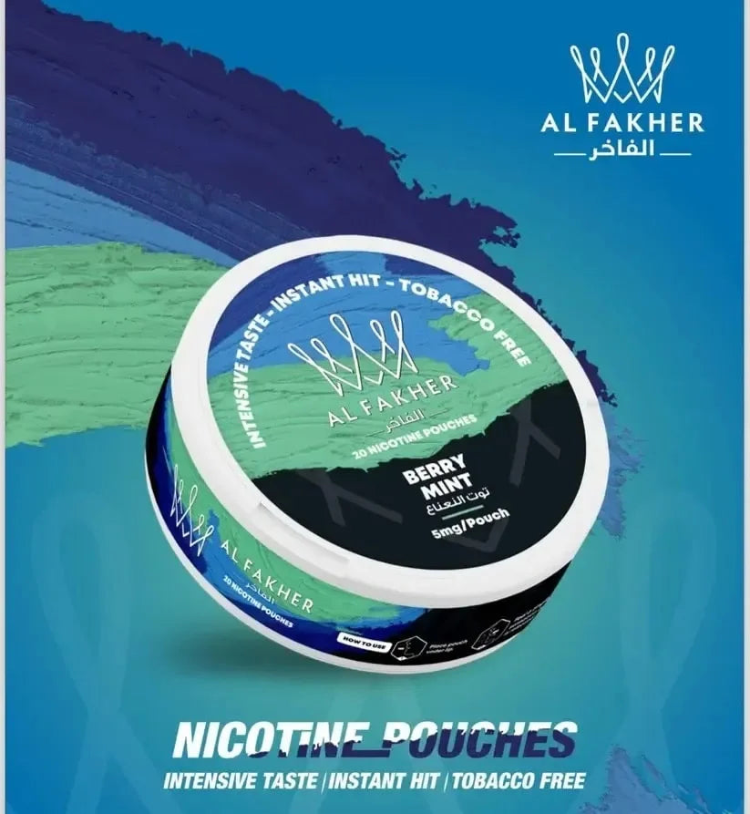 Al Fakher nicotine pouches container with blue and green design on a blue background