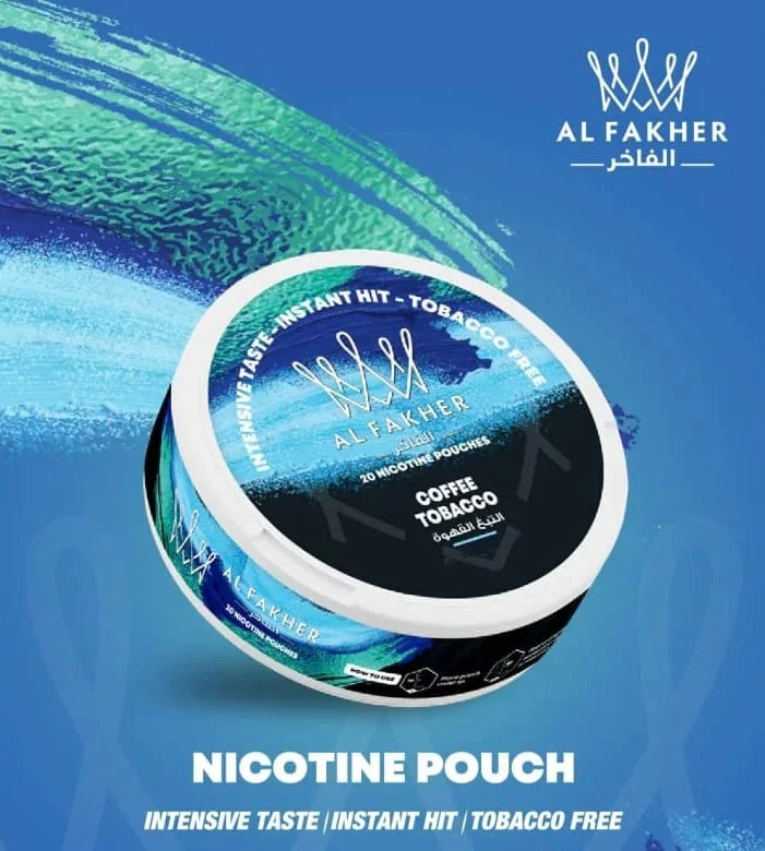 Al Fakher nicotine pouch container on a blue background with brand logo.