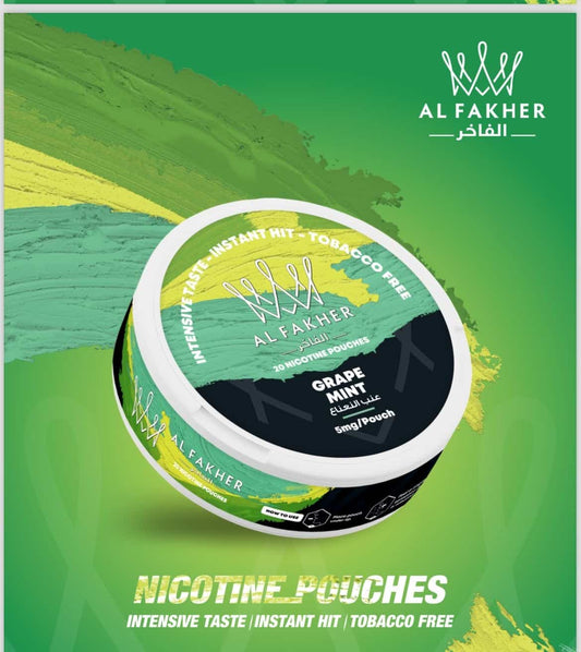 Al Fakher nicotine pouches packaging with green and yellow design on a green background