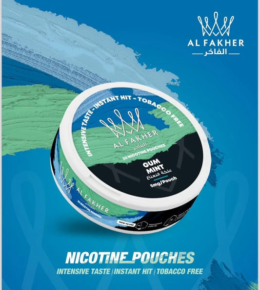 Al Fakher gum mint nicotine pouches packaging on a blue background