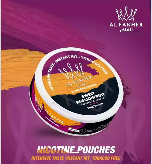 Al Fakher Sweet Passionfruit nicotine pouches container on a purple background with brand logo.