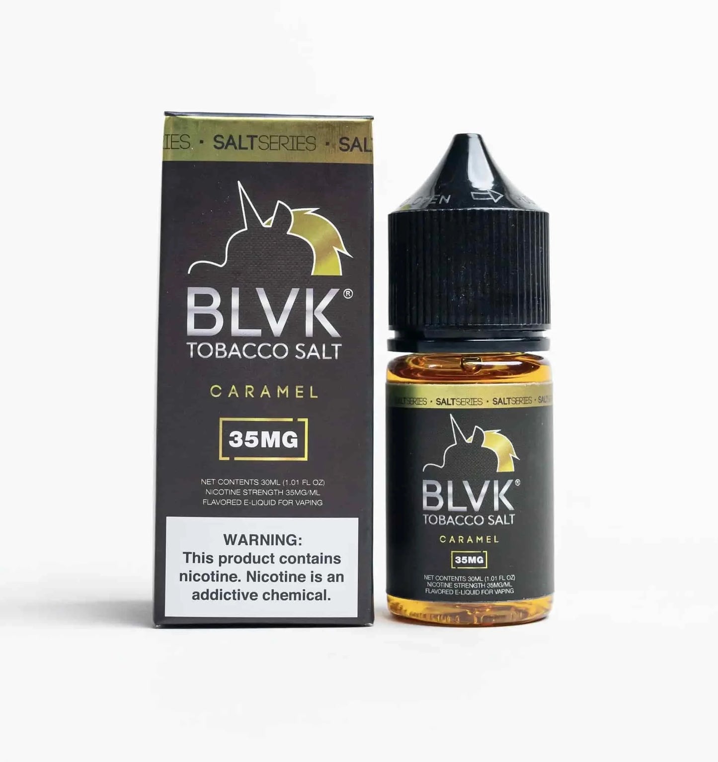 BLVK Tobacco Salt Caramel nicotine salt bottle and packaging on a white background