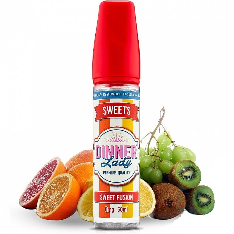 Dinner Lady sweet fusion e-liquid bottle with fruit on a white background