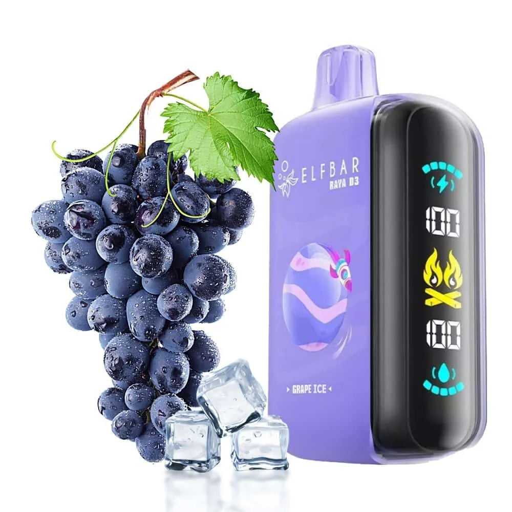 Elfbar Raya D3 grape ice with fruits and ice in background