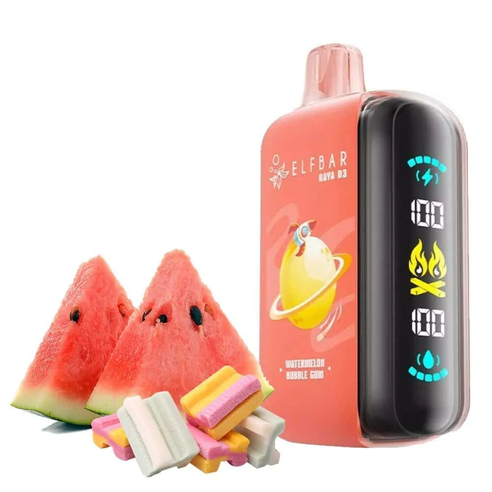 Elfbar Raya D3 watermelon bubblegum vape with fruit and chewing gum in background