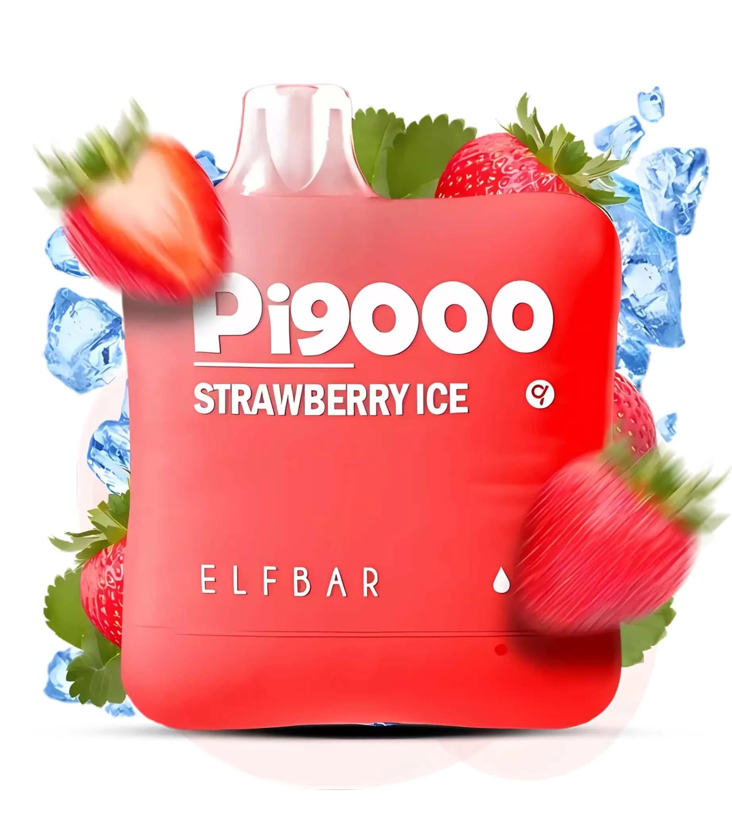 Red vape device with 'Pi9000 Strawberry Ice' and 'ELF BAR' branding, surrounded by strawberries and ice cubes on a white background.