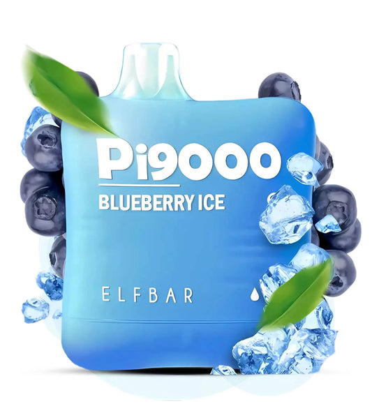 Blueberry ice elfbar vape device with blueberries and ice cubes on a white background