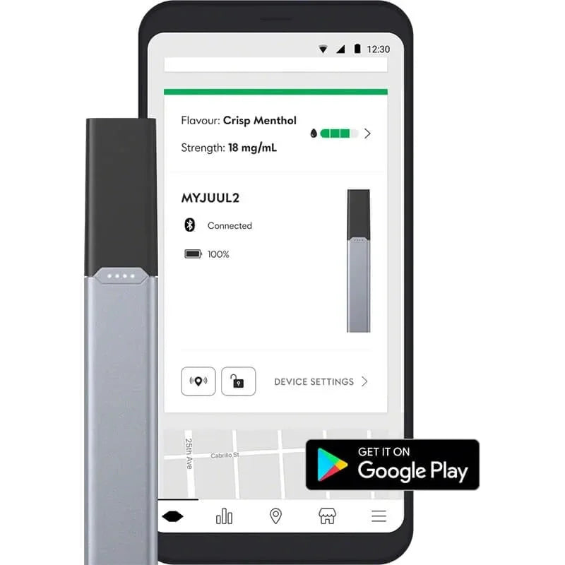 Smartphone displaying a Juul pods 2 crisp menthol app with a 'Get on Google Play' button.