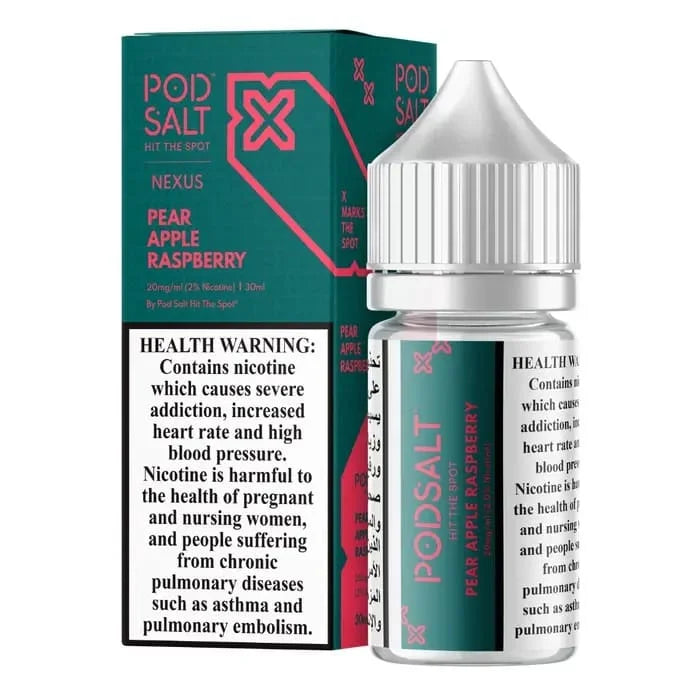 Pod Salt pear apple raspberry vape juice bottle and packaging on a white background