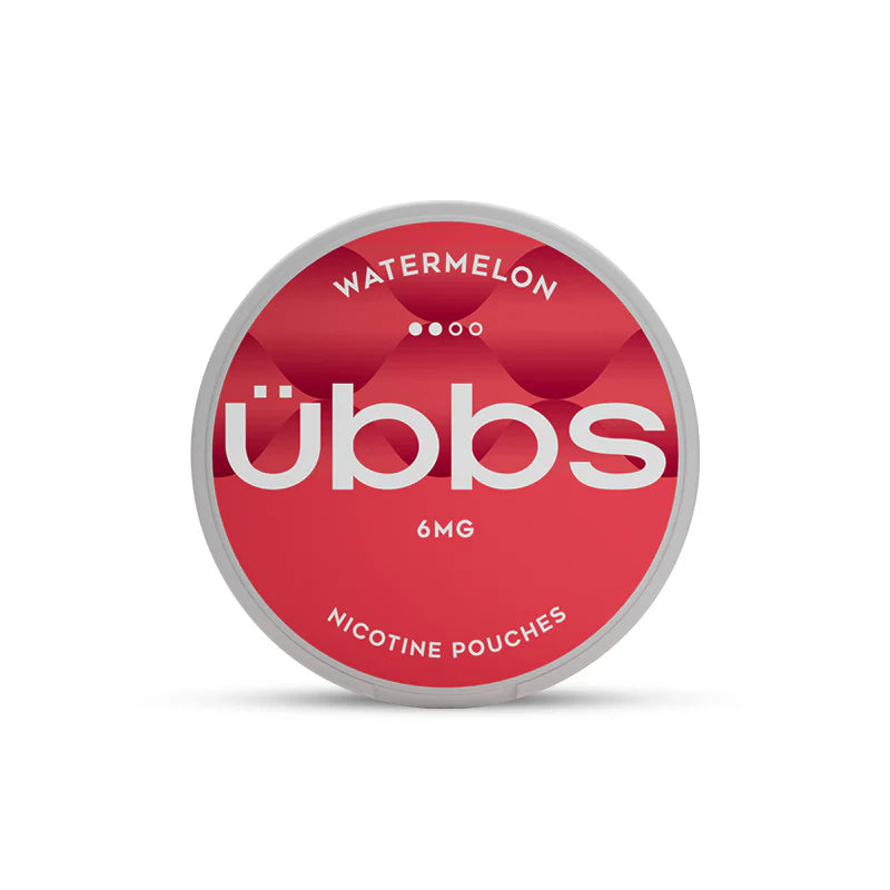 Red and silver container of ubbs watermelon nicotine pouches on a white background