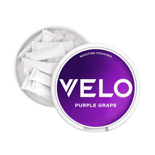 Velo Nicotine Pouches container with purple lid and white pouches on a white background