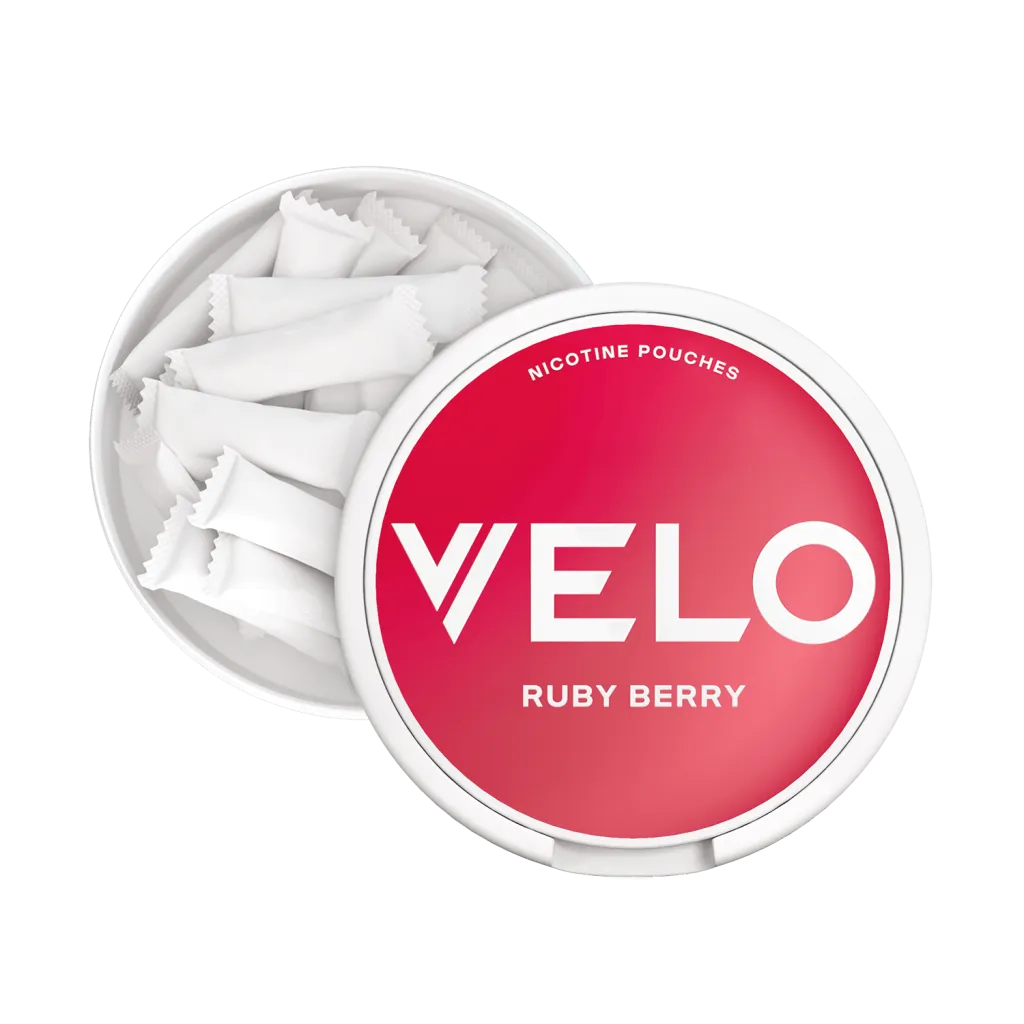 VELO nicotine pouches container ruby berry packaging on a white background