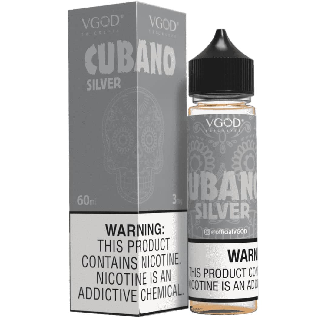 VGOD Cubano Silver e-liquid bottle and packaging on a white background