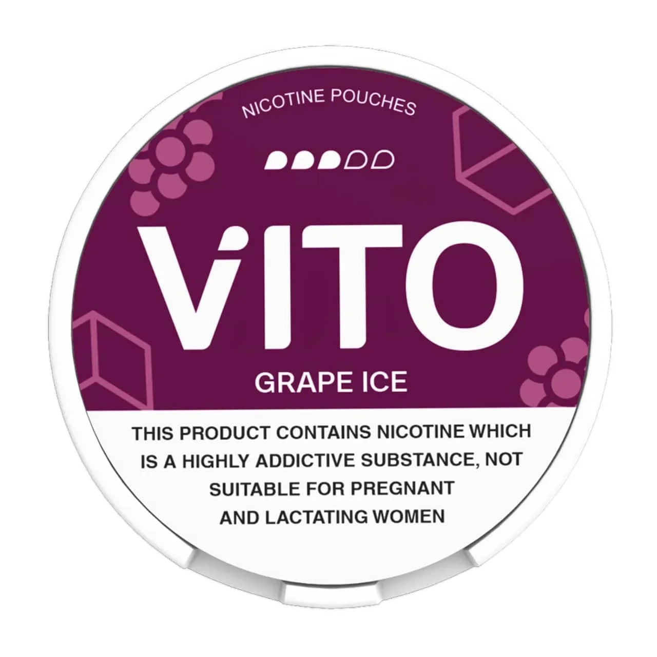 Vito Grape Ice 10mg nicotine pouches packaging with purple and white design.