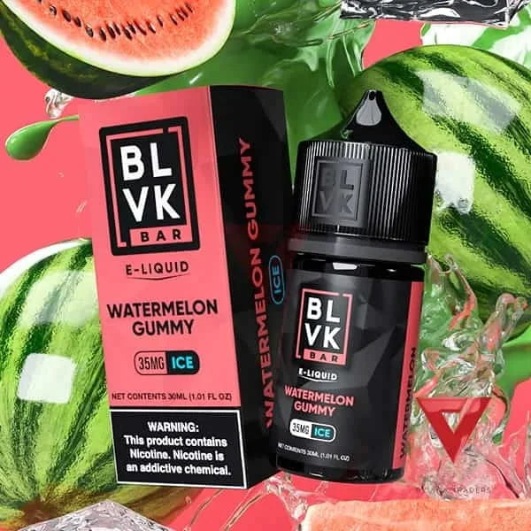 BLVK Bar E-Liquid Watermelon Gummy bottle and packaging with watermelons in the background