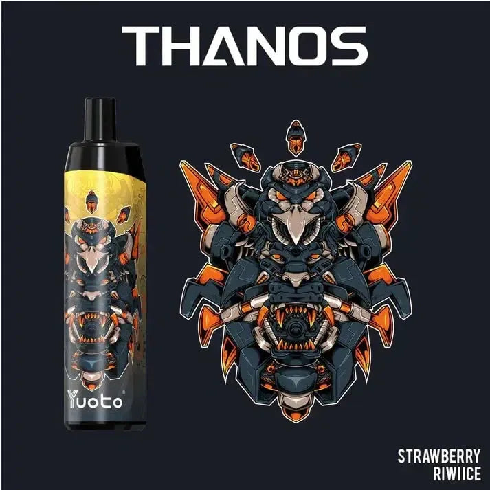 Yuoto Thanos vape strawberry kiwi ice device with design on a black background