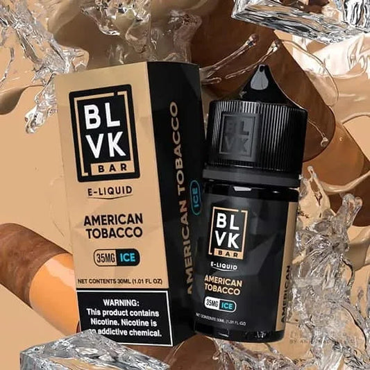 BLVK Bar E-Liquid American Tobacco bottle and packaging on a textured background