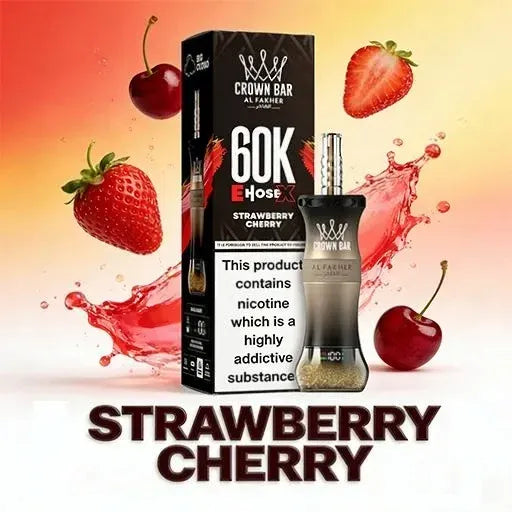 Al Fakher Crown Bar 60K Ehose Strawberry Cherry vape device and packaging with cherries and strawberries on a colorful background.