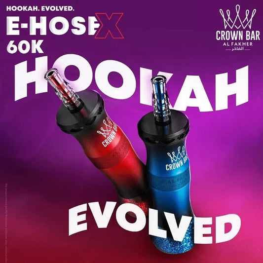 Two hookah devices with 'Crown Bar' branding on a purple background, featuring text about 'E-HOSEX 60K Hookah Evolved'.