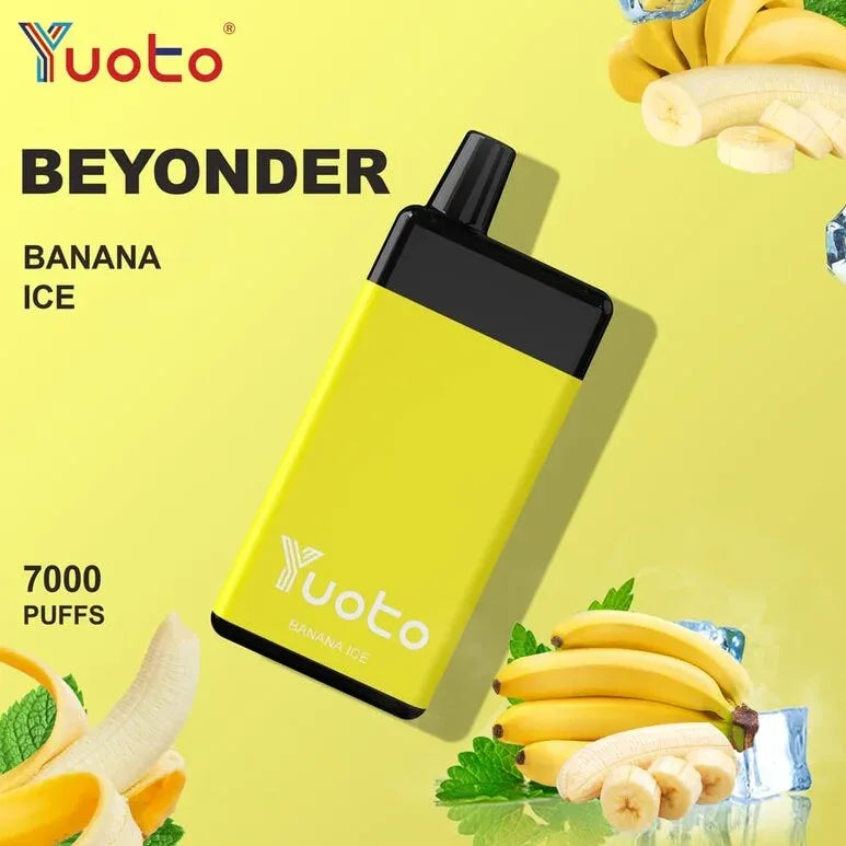 A Yuoto Beyonder disposable vape device in Banana Ice flavor, shown at an angle against a bright yellow background decorated with banana slices, mint leaves, and ice cubes.