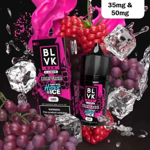 BLVK Berry Grape e-liquid packaging with berries and ice cubes on a black background