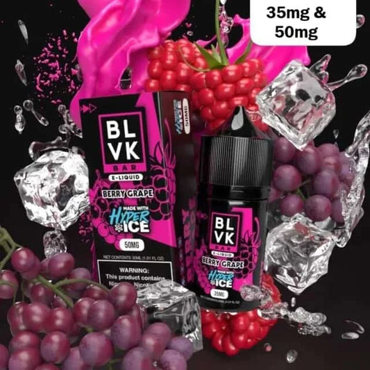 BLVK Berry Grape e-liquid packaging with berries and ice cubes on a black background