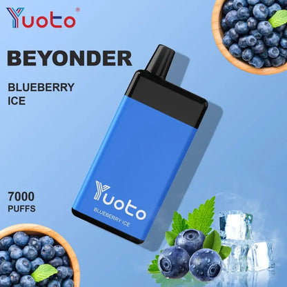 A Yuoto Beyonder disposable vape 7000 device in Blueberry Ice flavor, shown on a light blue background with decorative blueberries, mint leaves, ice cubes.